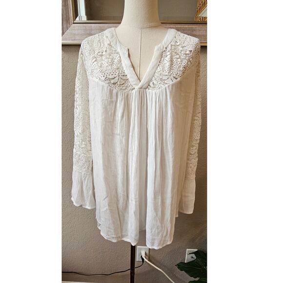 Chico's Size 3 V-Neck Lightweight Floral Lace-Sleeve Tunic‎ Top Women XL White - Picture 2 of 7
